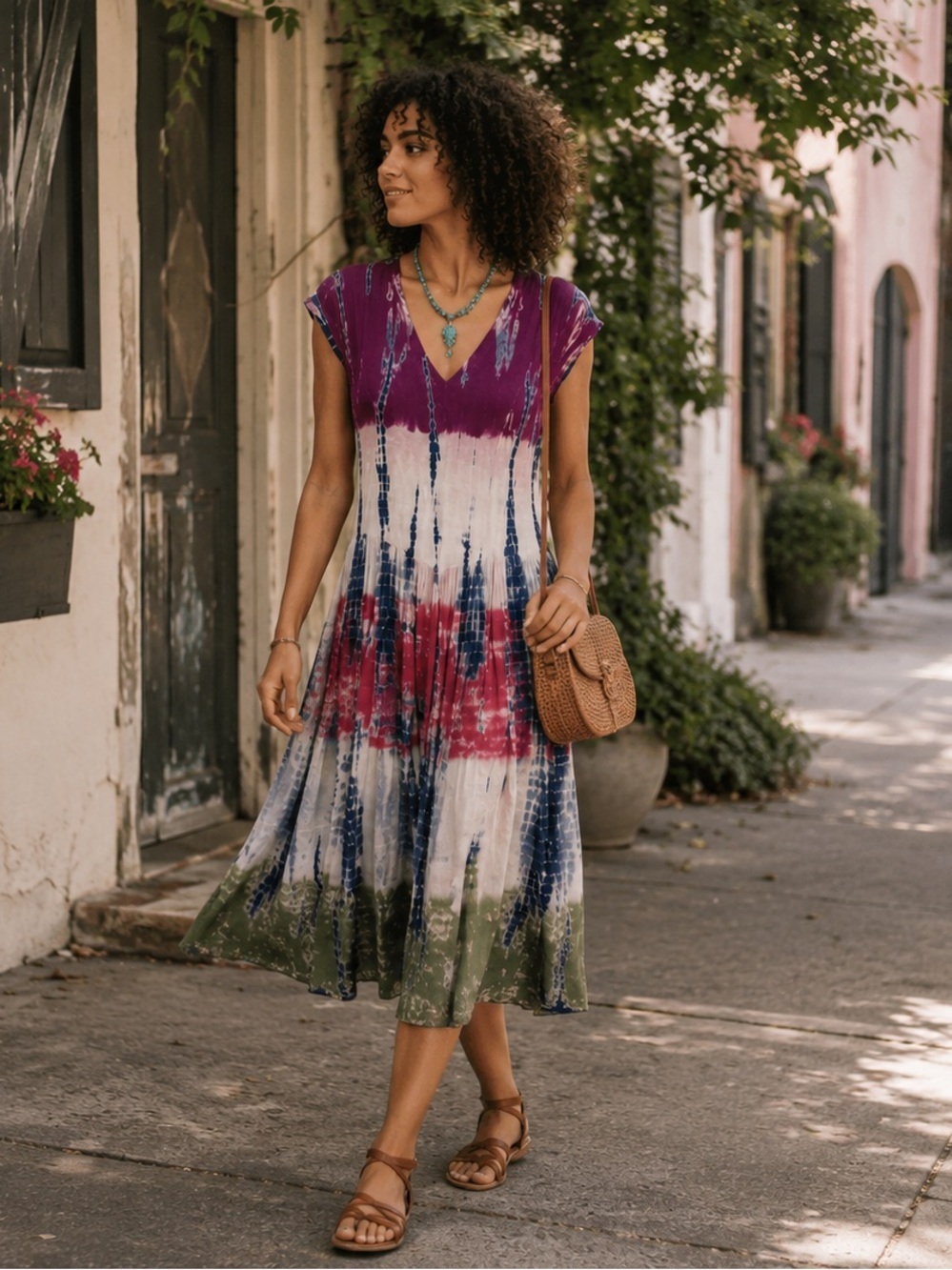 The Pyramid Collection Tie-Dye V-Neck Maxi Dress in Purple, Blue & Pink Size M